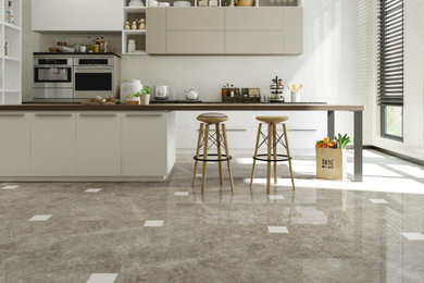 Inspiration for a large 1960s l-shaped porcelain tile, gray floor and coffered ceiling open concept kitchen remodel in Los Angeles with a double-bowl sink, open cabinets, beige cabinets, wood countertops, white backsplash, window backsplash, stainless steel appliances, an island and beige countertops