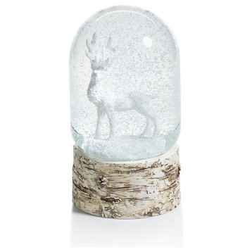 7" Tall Snow Globe Dome on Birch, Moose Sculpture, White and Beige
