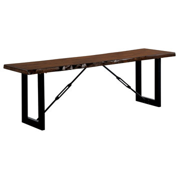 Benzara BM183652 Rectangle Metal Frame Bench With Wooden Seat, Gray and Brown