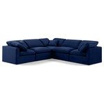 Meridian Furniture - Indulge Upholstered Modular L-Shaped Sectional, Navy, 5-Piece: 2 Armless Chair, 3 Corner Chair, Down Stuffed Velvet - Experience ultimate comfort and style with our navy velvet Indulge Sectional. The luxurious velvet will elevate the aesthetic of any room. This sofa provides ample space for you to relax while its modular build offers the option of unlimited configurations. Whether you're looking to add a stylish element to your living room or a comfortable seating option to your bedroom, this sofa is the perfect choice.