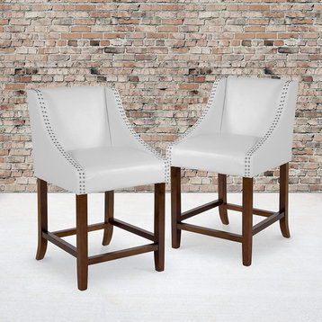 Set of 2 Counter Stool, Cushioned Seat With Slopped Arms & Nailhead, White
