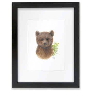 "Woodland Littles 2" Bear Individual Framed Print, With Mat, Black, 18"x24"
