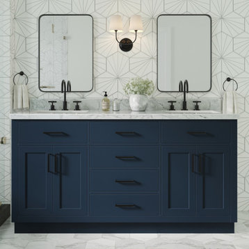 Ariel Hepburn 67" Rectangular Double Sink Bath Vanity, Midnight Blue, 1.5" Carrara Marble