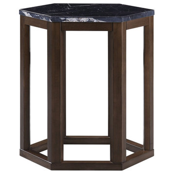 Elegant End Table, Octagonal Deep Brown Pine Wood Frame With Black Marble Top