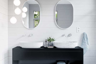 Bathroom - contemporary white tile mosaic tile floor, blue floor, double-sink and shiplap wall bathroom idea in Philadelphia with flat-panel cabinets, blue cabinets, white walls, a vessel sink and a floating vanity