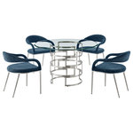 Armen Living - Diaz Morgan Brushed Stainless Steel & Blue Fabric Glass Dining Table 5-Piece Set - Strike a stylish impact with the Diaz Morgan 5 Piece Dining Set by Armen Living. This set includes 1 Diaz Contemporary Round Glass Dining Table and 4 Morgan Upholstered Dining Chairs in Fabric and Metal. The refined geometry and elegant details lend a luxe and sophisticated aesthetic to this dining set. Our dining table features a 48" round, glass top that rests upon a sleek, metal base. The bold curves and airy design are accentuated by the brushed stainless steel or matte black iron finish. This dining table serves as a smart and chic complement to our Morgan dining chairs. The floating, beautifully curved back and seamlessly flowing arms bring notes of opulence to these dining chairs. Its back, armrest, and seat are fully upholstered to offer hours of comfort. It is covered in performance fabric to provide easy care and maintenance. Altogether, this dining set lends a sleek and stylish upgrade to your kitchen, dining room, or living space. It evokes luxury and comfort for your intimate dinners and family gatherings. Crafted from premium materials, our dining set ensures durability and quality for years to come. The Diaz Morgan 5 Piece Round Glass Dining Table Set is available in matching finishes and a variety of colors, or sold separately to achieve any look you desire.