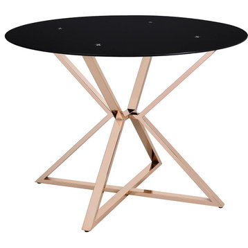 Contemporary Dining Table, Hourglass Shaped Base & Round Glass Top, Gold/Black