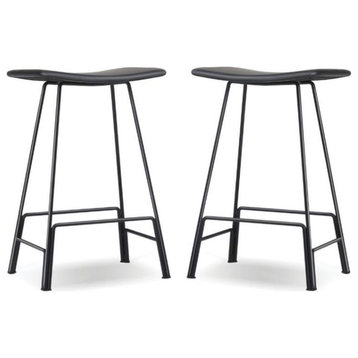 Home Square 26.5" Leather Counter Stool with Powder Coated in Black - Set of 2