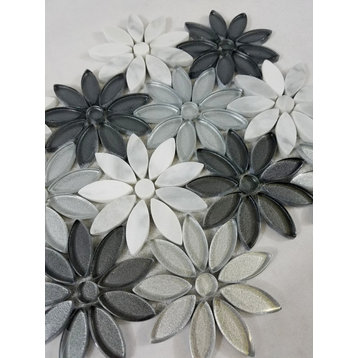 Flower Illusion 12x12 Glass and Stone Waterjet Mosaic in Calacatta and Gray