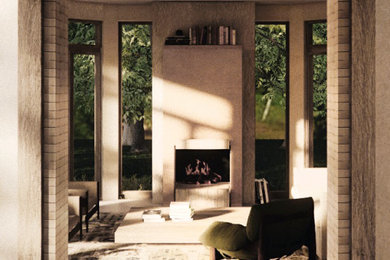 Ejemplo de sala de estar abierta de estilo americano de tamaño medio con paredes beige, suelo de cemento, marco de chimenea de yeso, suelo gris y madera