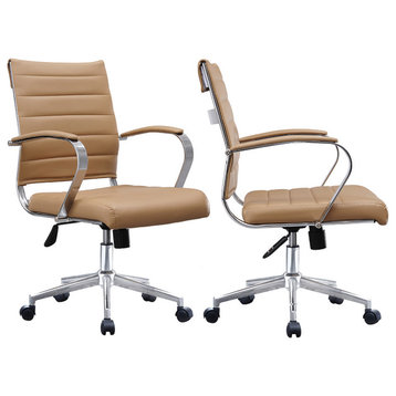 Set of 2 Mid Back Swivel Ribbed PU Leather Office Arm Chair Modern Ergonomic, Tan