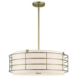 Livex Lighting - Blanchard 5-Light Antique Brass Pendant Chandelier - The Blanchard pendant chandelier adds refined style and a hint of mystery to your d�cor. The antique brass finish and an oatmeal handcrafted hardback shade create warm illumination, while soft light brings to life the intricate fretwork pattern. This five-light drum pendant chandelier�will add a sophisticated and glamorous look to almost any interior design style. It will work great in the living room, over the dining table or the bedroom.