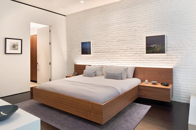Bedroom - contemporary master dark wood floor bedroom idea in New York with white walls