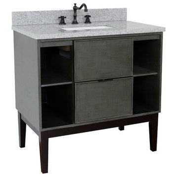 37" Single Vanity, Linen Gray Finish With Gray Granite Top And Rectangle Sink