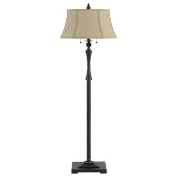 Metal Body Floor Lamp With Fabric Tapered Bell Shade, Black And Beige