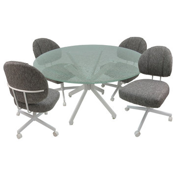 Glass Dinette Set with Swivel Caster Chairs Grey, White, Crackled Glass