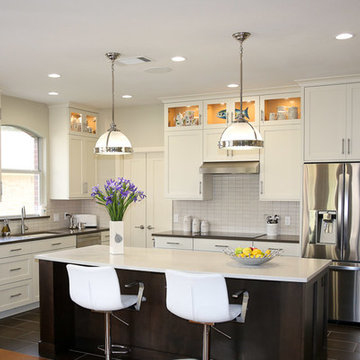 Transitional White Kitchen with Espresso Island
