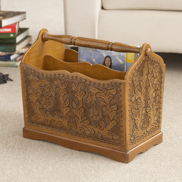Colonial Iquilla Flower Tornillo Wood and Leather Magazine Rack