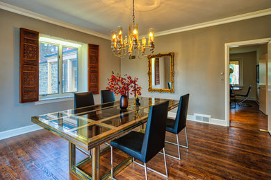 Inspiration for a mid-sized transitional separate dining room in Philadelphia with grey walls and dark hardwood floors.
