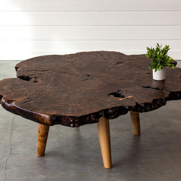 Black Walnut Live Edge Round Coffee Table | Burled Oregon Walnut | Maple Tapered