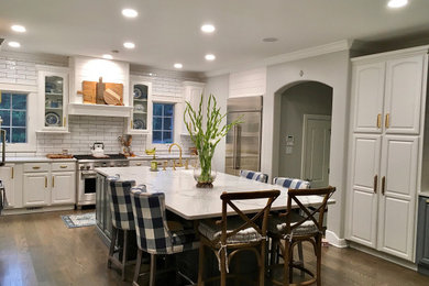Eat-in kitchen - mid-sized cottage brown floor eat-in kitchen idea in Indianapolis with a farmhouse sink, raised-panel cabinets, white cabinets, quartz countertops, stainless steel appliances, an island and multicolored countertops