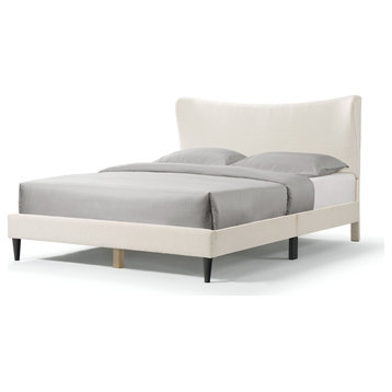 Miles White Boucle Upholstered Wood Frame Platform Bed, Queen, Wingback