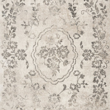 8'X10' Grey Machine Woven Distressed Floral Traditional Indoor Area Rug