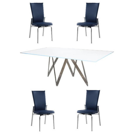 Home Square 5-Piece Set with Dining Table and 4 Faux Leather Side Chairs in Blue