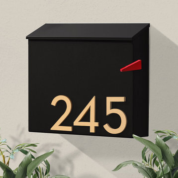 The Inbox Wall Mounted Mailbox  + House Numbers, Lock Included, Outgoing Flag, Black, Brass Font