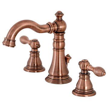 Traditional Widespread Bathroom Faucet, Unique Curved Spout, Antique Copper