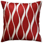 Kashmir Designs - Contemporary Waves Bright Red Accent Pillow Cover Handembroidered Wool 18x18" - This modern seamless wave design suzani pillow cover has unique design elements embroidered in unique style and refreshing lively color combination. The decorative pillow cover forms a perfect balance in color and design and would make an enticing modern accent pillow for your home. Whether this modern elements floral suzani pillow is used in garden, patio, or in a room, on a sofa, chair or chaise, this all natural fiber would making an enticing pillow cover. Hand embroidered in soft wool in chain stitch on cotton base, this natural pillow cover is soft, practical and durable.