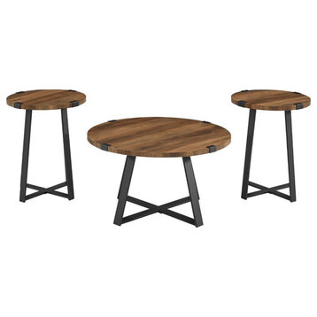 Pemberly Row 3-Piece Metal Wrap Coffee and End Table Set in Rustic Oak