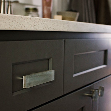 Contemporary Bath with Grey Shaker Cabinets + Glass Cabinet Hardware
