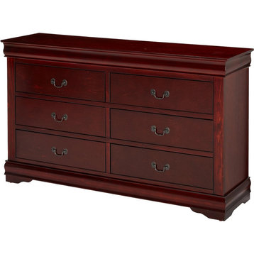 Traditional Double Dresser, 6 Drawers With Metal Pull Handles, Cherry Finish