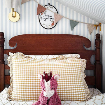 Charming Girls Bedroom Interior With Light Blue Classic Stripes Wallpaper