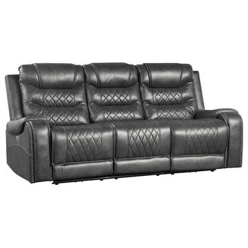 Pemberly Row 21" Traditional Microfiber Power Double Reclining Sofa in Gray