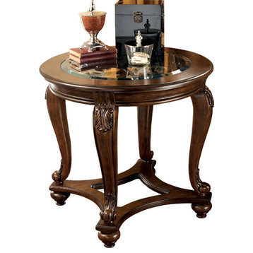 Wooden Round End Table With Cabriole Legs And Glass Top, Brown