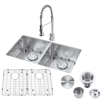 32"Undermount Kitchen Sink and Faucet  Drain AssemblyandStrainer, Bottom Grid