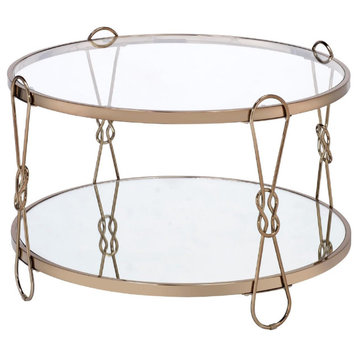 Contemporary Coffee Table, Unique Shaped Champagne Gold Frame & Mirrored Shelf
