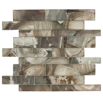 11.75"x11.75" Magical Forest Linear Glossy Glass Tile, Champinion Brown