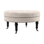 Round Tufted Linen Ottoman With Caster, 33", Beige