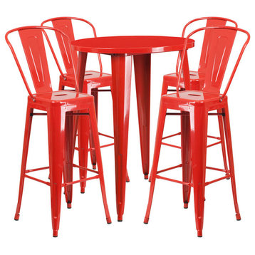 Flash Commercial Grade 30" Round Red Metal Bar Table Set & 4 Cafe Stools