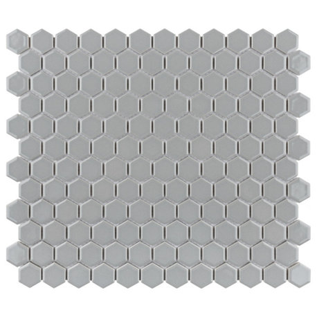 Metro 1" Hex Glossy Light Grey Porcelain Floor and Wall Tile