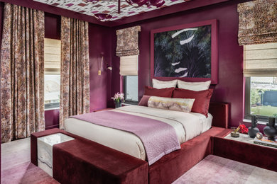 Example of a mid-sized minimalist master carpeted bedroom design in San Francisco with purple walls and no fireplace