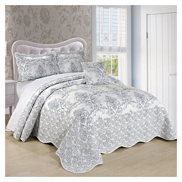 Damask Embroidered Quilted 4 Piece Bed Spread Sets, White, King