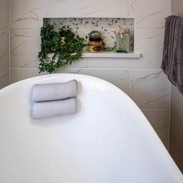 Siteline White Vanity, Barrier Free Walk-in Shower and Free Standing Tub