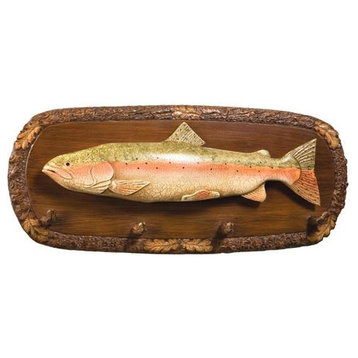 Plaque MOUNTAIN Lodge Trout and Oak Fish 4-Hook Chestnut Resin