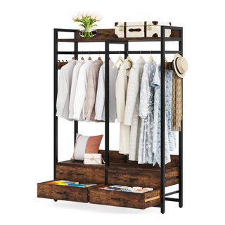 Tribesigns Freestanding Closet Organizer with 2 Drawers, 71''H Heavy Duty  Garment Rack with Shelves and 6 Hooks, Wardrobe Clothes Rack for Bedroom,  Rustic Brown