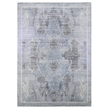 Silk with Textured Wool Paisley & Erased Mughal Inspired Design Rug, 10'3"x14'3"