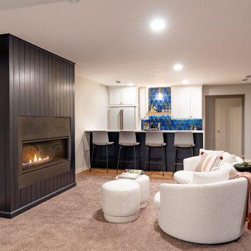 Bold Basement Finish — Linear Gas Fireplace, Wet Bar & Cafe Appliance Suite
